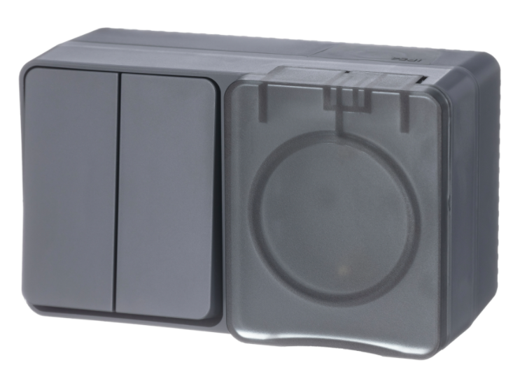 AtlasDesign Profi54 О/У БЛОК: РОЗ. з/к со шт. 16А 250B, ВЫКЛ.2-клав.10А, АНТРАЦИТ, Россия